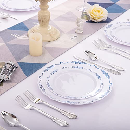 DaYammi 60PCS Blue and White Plastic Plates Blue Rim White Disposable Plates Blue White Party plates Include:30 Plastic Dinner Plate 30 Dessert plate and Wedding & Party Dining - Image 2