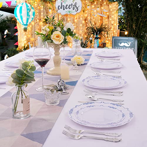 DaYammi 60PCS Blue and White Plastic Plates Blue Rim White Disposable Plates Blue White Party plates Include:30 Plastic Dinner Plate 30 Dessert plate and Wedding & Party Dining - Image 3