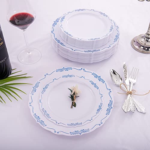 DaYammi 60PCS Blue and White Plastic Plates Blue Rim White Disposable Plates Blue White Party plates Include:30 Plastic Dinner Plate 30 Dessert plate and Wedding & Party Dining - Image 4