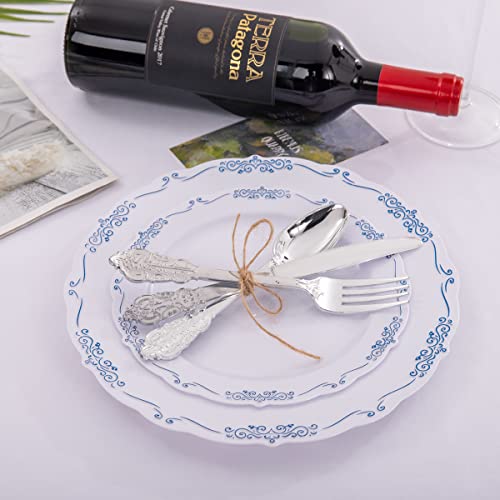 DaYammi 60PCS Blue and White Plastic Plates Blue Rim White Disposable Plates Blue White Party plates Include:30 Plastic Dinner Plate 30 Dessert plate and Wedding & Party Dining - Image 5