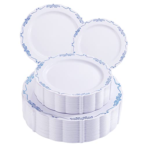 DaYammi 60PCS Blue and White Plastic Plates Blue Rim White Disposable Plates Blue White Party plates Include:30 Plastic Dinner Plate 30 Dessert plate and Wedding & Party Dining - Image 1