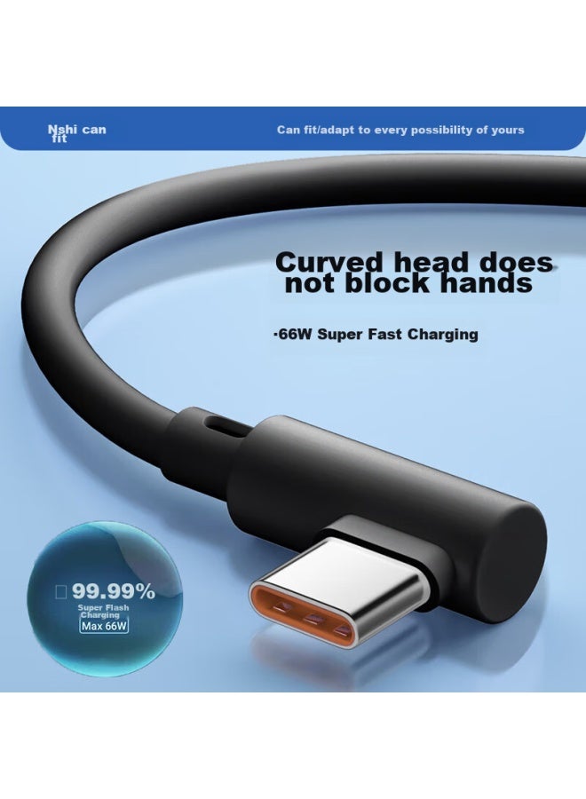 CAN Bend Head Type-c Data Cable, 66w Super Fast Charging, 6a Charging Cable, Suitable For Huawei Nova 9, P40, Honor, Vivo, Xiaomi Iqoo, Oneo Phones, 1.5 Meters, Black - Image 1