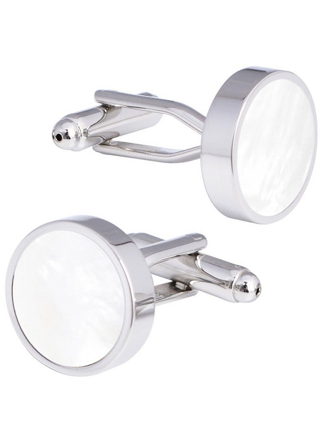 Jonwo Round Mother Of Pearl Shell Cufflinks For Men Women In Gift Case Handmade Silver Men'S Cufflinks Jewelry Set For Wedding Anniversary Business Party Events Tuxedo Dress Shirt - Image 1