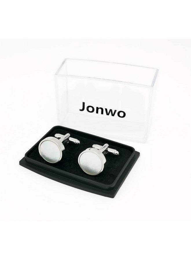Jonwo Round Mother Of Pearl Shell Cufflinks For Men Women In Gift Case Handmade Silver Men'S Cufflinks Jewelry Set For Wedding Anniversary Business Party Events Tuxedo Dress Shirt - Image 4