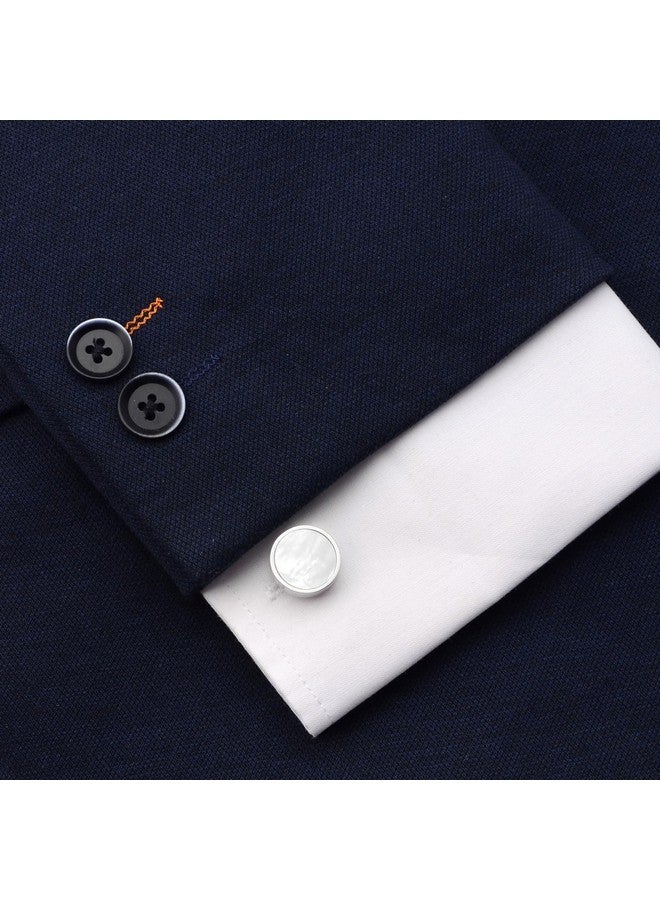 Jonwo Round Mother Of Pearl Shell Cufflinks For Men Women In Gift Case Handmade Silver Men'S Cufflinks Jewelry Set For Wedding Anniversary Business Party Events Tuxedo Dress Shirt - Image 2