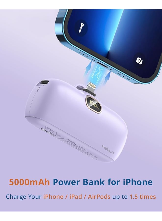 PEGANT 5000Mah Mini Power Bank With 18W Pd3.0 Fast Charging Compact And Portable Charger Small External Powerbank Battery Compatible With Iphone Ipad Airpods Macbook Purple - Image 3
