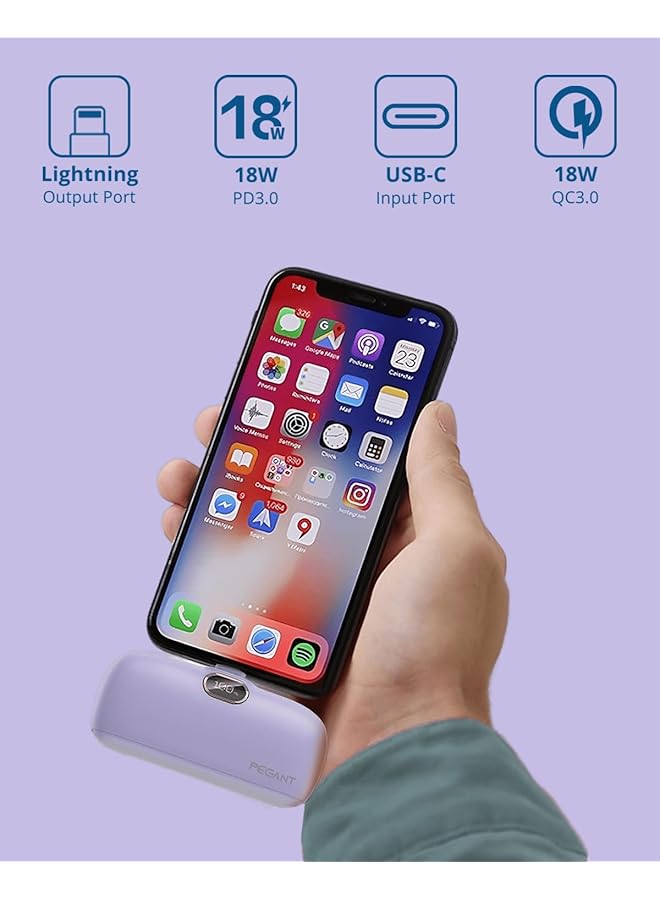 PEGANT 5000Mah Mini Power Bank With 18W Pd3.0 Fast Charging Compact And Portable Charger Small External Powerbank Battery Compatible With Iphone Ipad Airpods Macbook Purple - Image 2