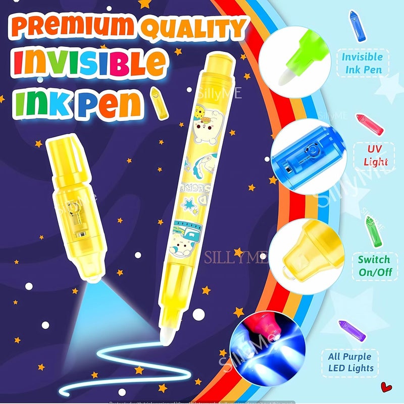 Sillyme قلم سحري حبر أسود غير مرئي مع ضوء UV - هدايا عودة لحفلة عيد الميلاد للأطفال - قلم رسالة سرية للأطفال - قلم تجسس قلم غش أداة للأطفال، 6 قطع - Image 4
