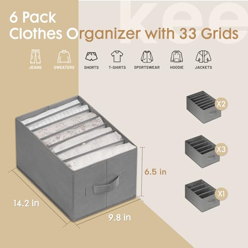 Criusia 6 Pack Large Clothes Organizer, Wardrobe Closet Organizer and Storage with Handles, Foldable Fabric Closet Organizers Dividers for Clothing, Pants, Jeans, Sweater, T-shirts, Grey - Image 3