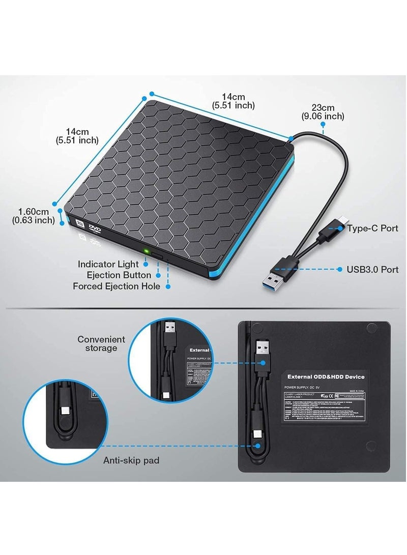 External CD DVD Drive,  Portable External DVD Burner And Optical Drive with USB 3.0 and Type-C for Laptop, Desktop, Mac, Macbook, Windows 10/8/7/XP and Linux - Image 5