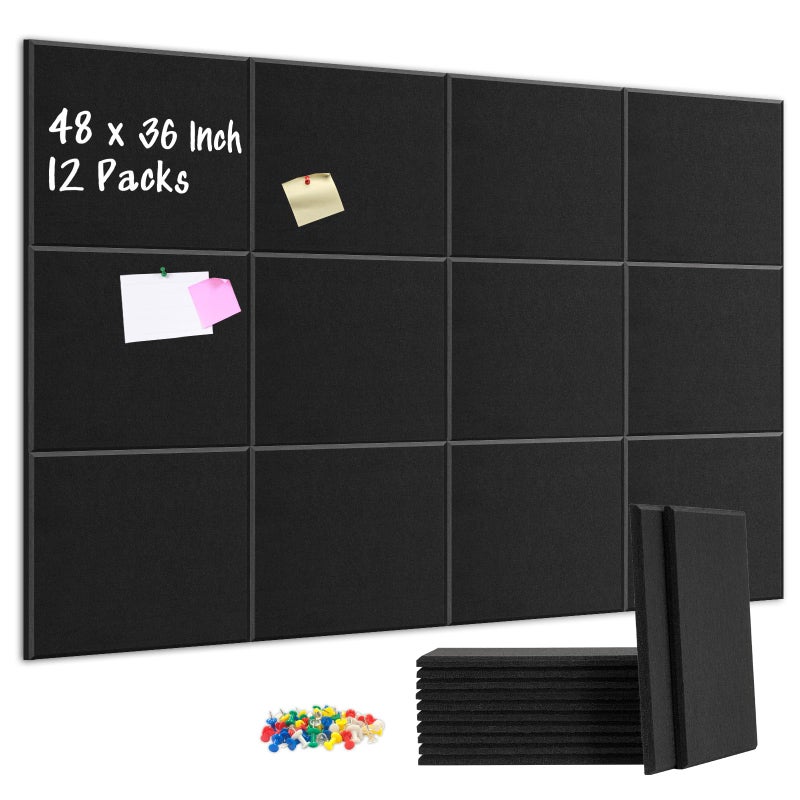 DOLLAR BOSS Large Cork Bulletin Board, 48"x36" Cork Board Wall Tiles 12 Packs 1/2" Thick Corkboards for Walls Safe Adhesive Acoustic Panels Soundproof Pin Board with 120 Pushpins, Black - Image 1