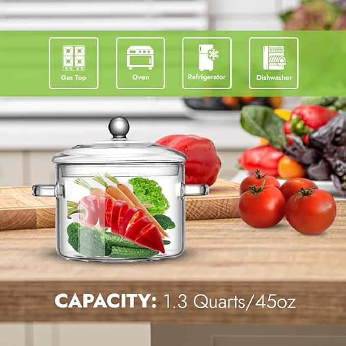 NALACAL Glass Cooking Pot With Lid 13L45Oz Heat Resistant Borosilicate Glass Cookware Stovetop Pot Set Simmer Pot With Cover Safe For Soup Milk Baby Food Pasta Noodle 14 Quartz Cookware Stovetop - Image 3