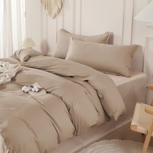 SAPHREAS 100% Washed Cotton Duvet Cover King Size Set, Linen Like Comforter Cover with Zipper Closure & Corner Ties (No Comforter), 104x90 Khaki - Image 1