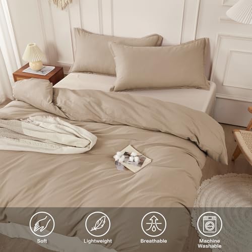 SAPHREAS 100% Washed Cotton Duvet Cover King Size Set, Linen Like Comforter Cover with Zipper Closure & Corner Ties (No Comforter), 104x90 Khaki - Image 4