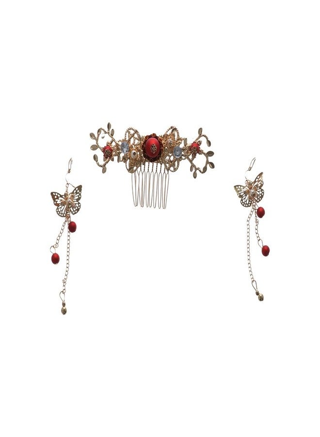 Pokinge Chinese Wedding Bride Hair Jewelry Set,Chinese Crown Wedding Hair Accessories Butterfly Hair Combs Tassel Alloy Headband Jeweled Bridal Wedding Tiara - Image 5