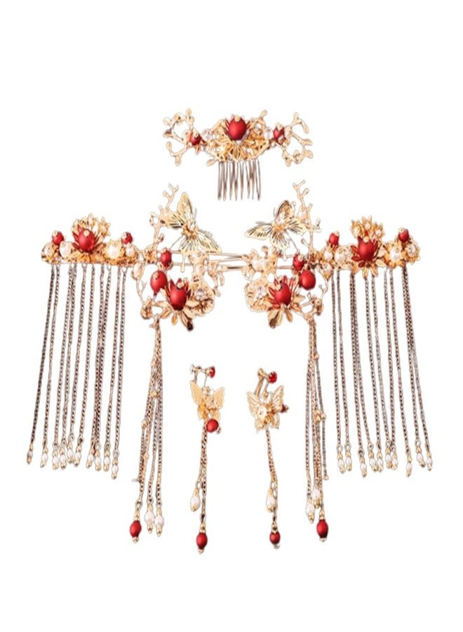 Pokinge Chinese Wedding Bride Hair Jewelry Set,Chinese Crown Wedding Hair Accessories Butterfly Hair Combs Tassel Alloy Headband Jeweled Bridal Wedding Tiara - Image 1