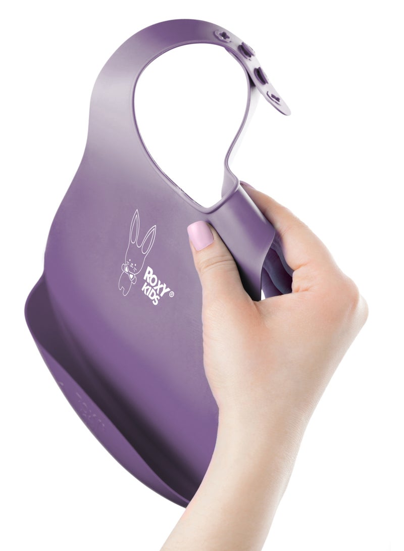 ROXY-KIDS Soft Silicone Bib with Crumb Catcher Pocket – BPA-Free TPE, Adjustable Neck, Dishwasher Safe, Travel-Friendly, Purple, from 6 Months - Image 4
