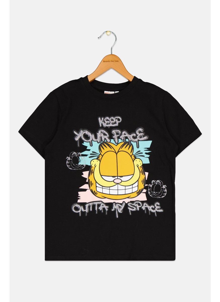 Garfield Kids Girl Crew Neck Garfield Print T-shirts, Black  - Image 1