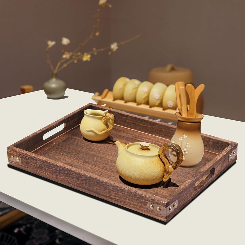Zikra Wood Serving Tray, 3 Pack Rectangular Butler Serving Tray with Handle, Coffee Table Tray Decorative Tray for Tea, Coffee, Breakfast, Table Centerpieces, 3 Sizes - Image 2