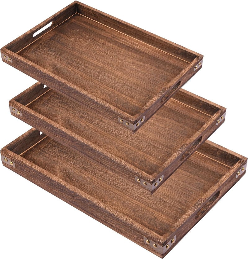 Zikra Wood Serving Tray, 3 Pack Rectangular Butler Serving Tray with Handle, Coffee Table Tray Decorative Tray for Tea, Coffee, Breakfast, Table Centerpieces, 3 Sizes - Image 1