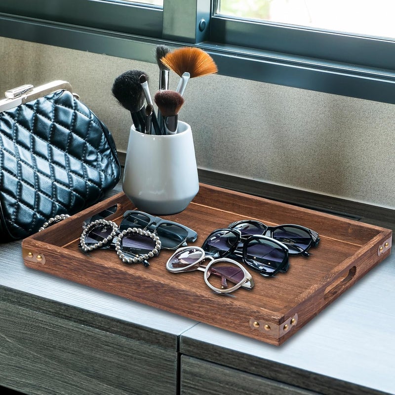 Zikra Wood Serving Tray, 3 Pack Rectangular Butler Serving Tray with Handle, Coffee Table Tray Decorative Tray for Tea, Coffee, Breakfast, Table Centerpieces, 3 Sizes - Image 5