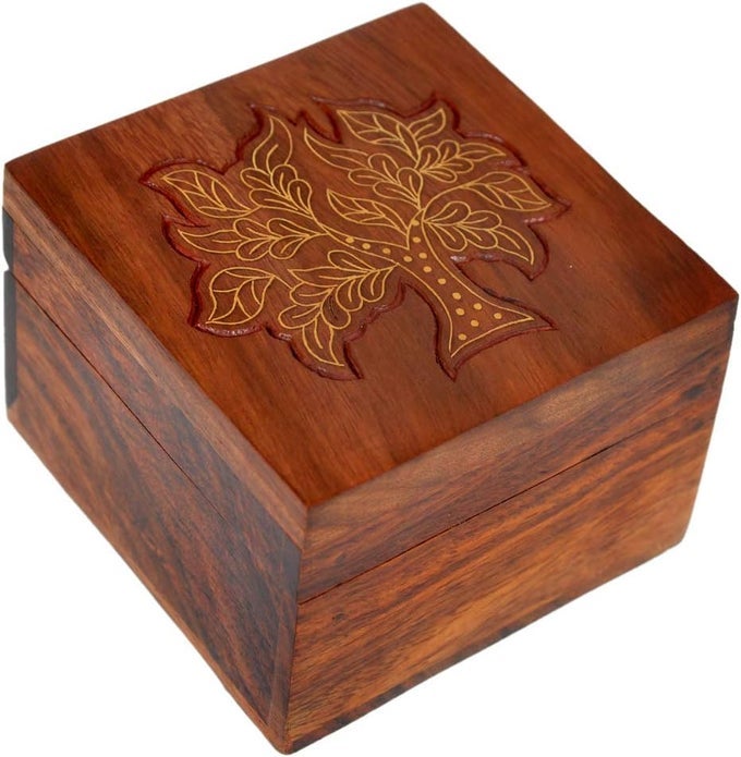 TREE OF LIFE WOODEN URN SHEESHAM WOOD KEEPSAKE URN HANDMADE BRASS INLAY DESIGN SOLID NATURAL ROSEWOOD