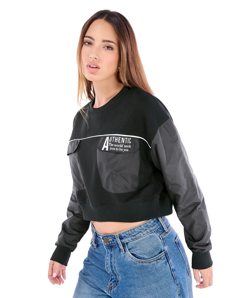 bewakoof Women's Black & Grey Typography Oversized Crop Sweatshirt