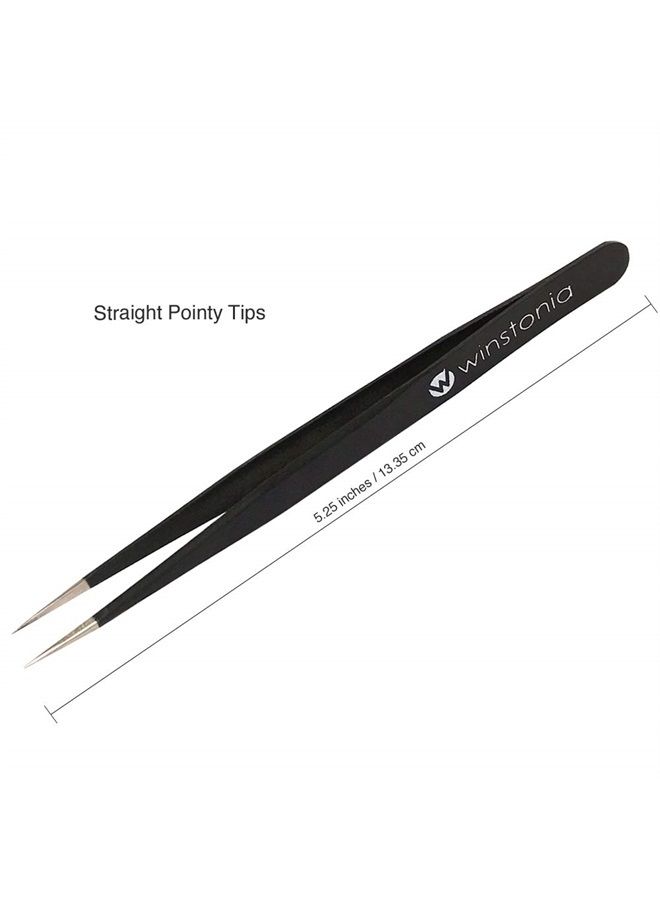 Winstonia 2 Pcs Tweezer Set - Stainless Steel Pointy Professional Beauty Tools - Manicure, Jewelry, Blackhead, Ingrown Hair, Splinter Removal Tweezers