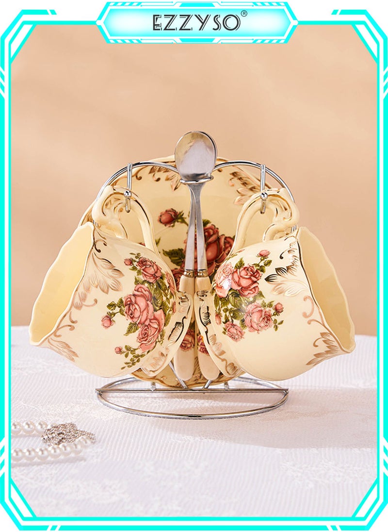 EzzySo Deluxe Floral Ceramic Coffee Set with Silver Shelf 7 Pieces Hand-Painted Tea Set, Includes Cups, Saucers, Spoons, Elegant Gifting, Rose Pattern Ceramic Coffee Set Serving 2 People  - Image 1