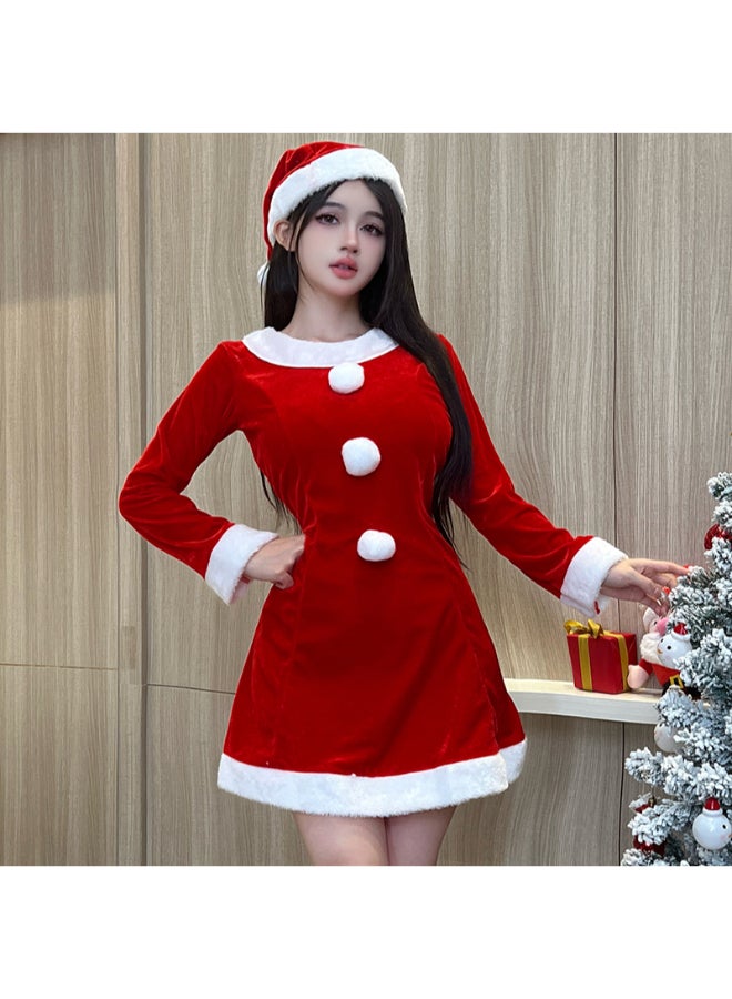 Ciao Women’s Christmas Long-Sleeve Santa Dress – Red Velvet Mini Dress with Fur Trim, Pom-Pom Buttons & Santa Hat (Free Size 40–60 kg) - Image 2