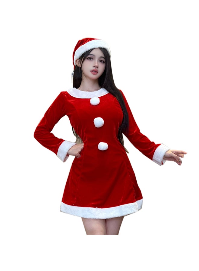 Ciao Women’s Christmas Long-Sleeve Santa Dress – Red Velvet Mini Dress with Fur Trim, Pom-Pom Buttons & Santa Hat (Free Size 40–60 kg) - Image 1