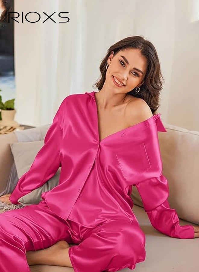 RIOXS Women's Red Pajama Set, Button-Down Stand Collar Top with Pockets, Flowy Wide-Leg Lounge Pants, Elastic Waist Sleepwear, Soft Long Sleeve Loungewear for Home, Comfortable Two-Piece Outfit - Image 2