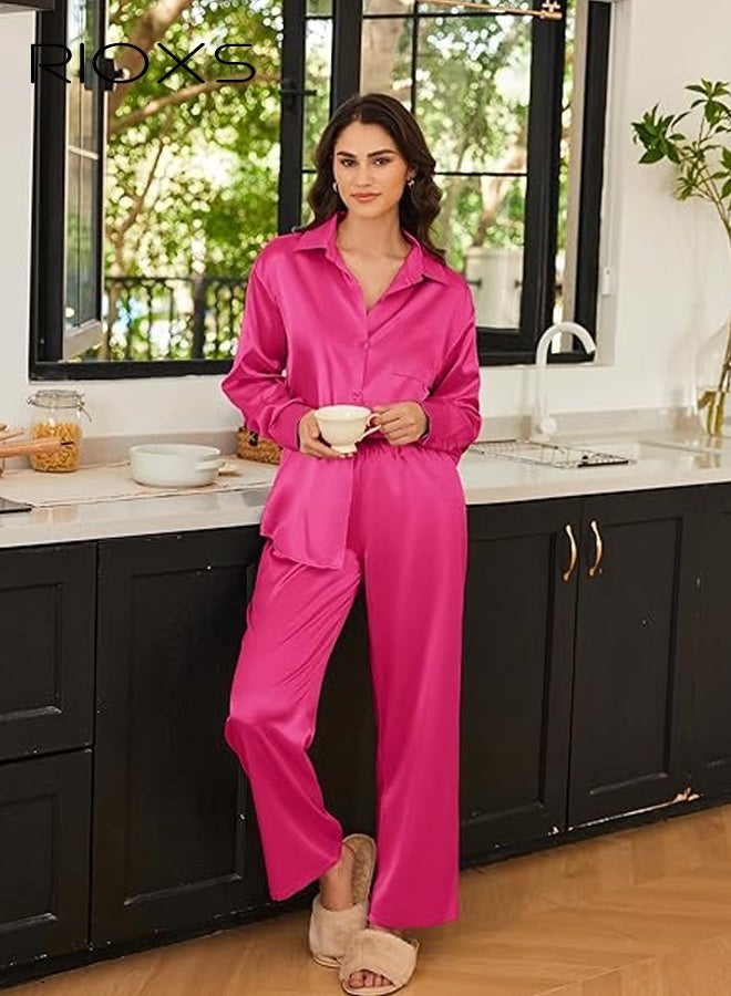 RIOXS Women's Red Pajama Set, Button-Down Stand Collar Top with Pockets, Flowy Wide-Leg Lounge Pants, Elastic Waist Sleepwear, Soft Long Sleeve Loungewear for Home, Comfortable Two-Piece Outfit - Image 3