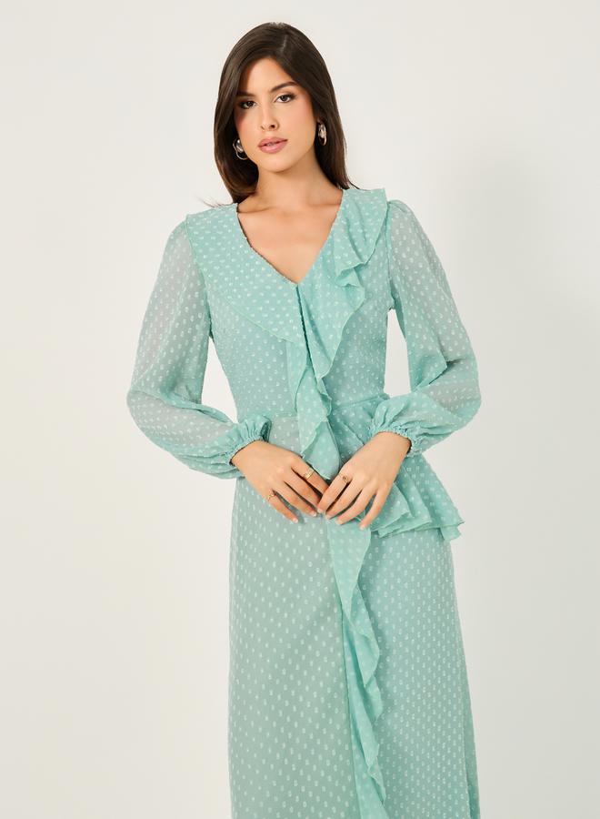 Styli Dobby Ruffle Detail A-Line Maxi Dress - Image 4