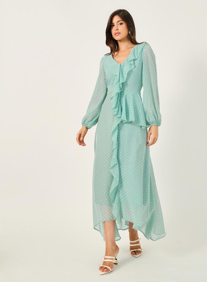 Styli Dobby Ruffle Detail A-Line Maxi Dress - Image 3