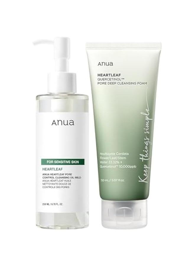 Anua Gentle Duo for Facial Cleaning: Heartleaf Pore Control Cleansing Oil and Quercetinol Deep Cleansing Foam for Blackhead Removal and Korean Skincare