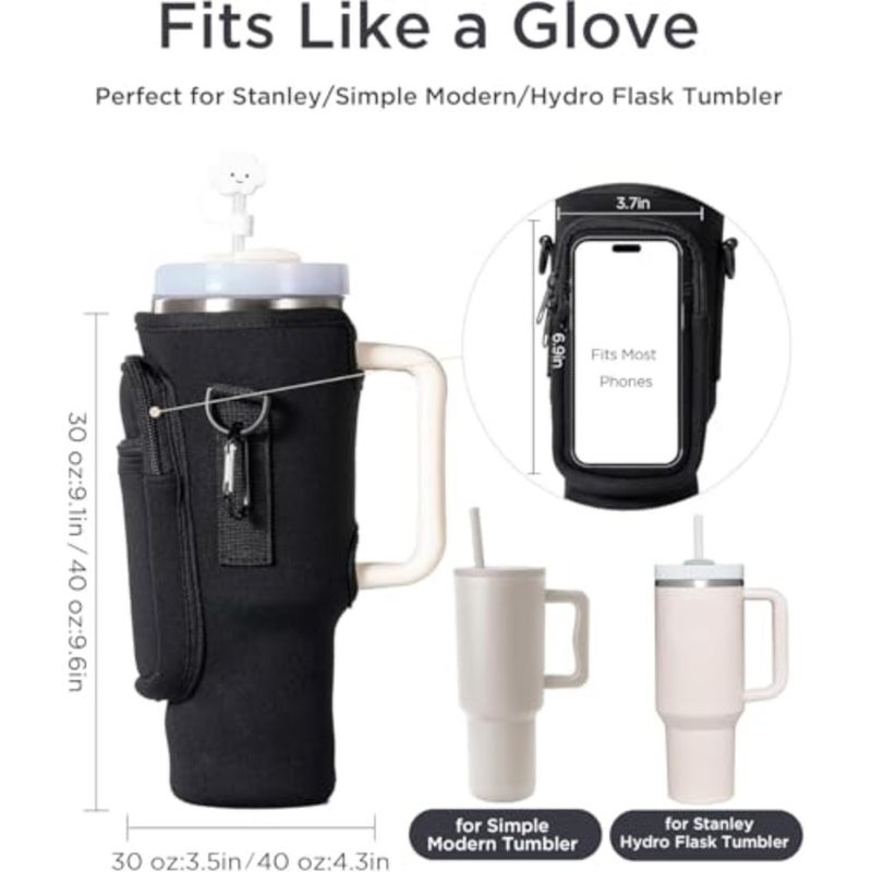 Water Bottle Carrier Bag with Phone Pocket for Stanley 40/30 oz Tumbler Neoprene Water Bottle Holder Pouch with Adjustable Strap Bollus with Straw Cover for Stanley Cup Accessories - Image 2