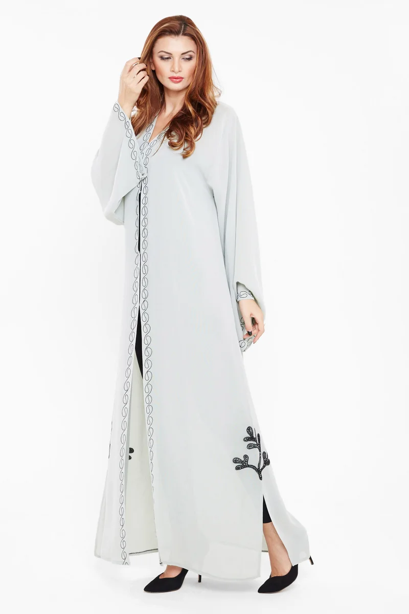 NUKHBAA A rich abaya in grey satin embossed with elegant black prints-AJ439A