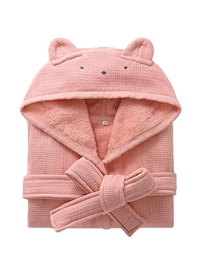 100% Cotton Cute Bear Hooded Kids Bathrobe Size L for 3-8 Years Old Boys Girls Waffle Outer Soft Fuzzy Lining Super Absorbent Toddler Bath Robe After Shower Spa Sleepwear with Belt - Image 1