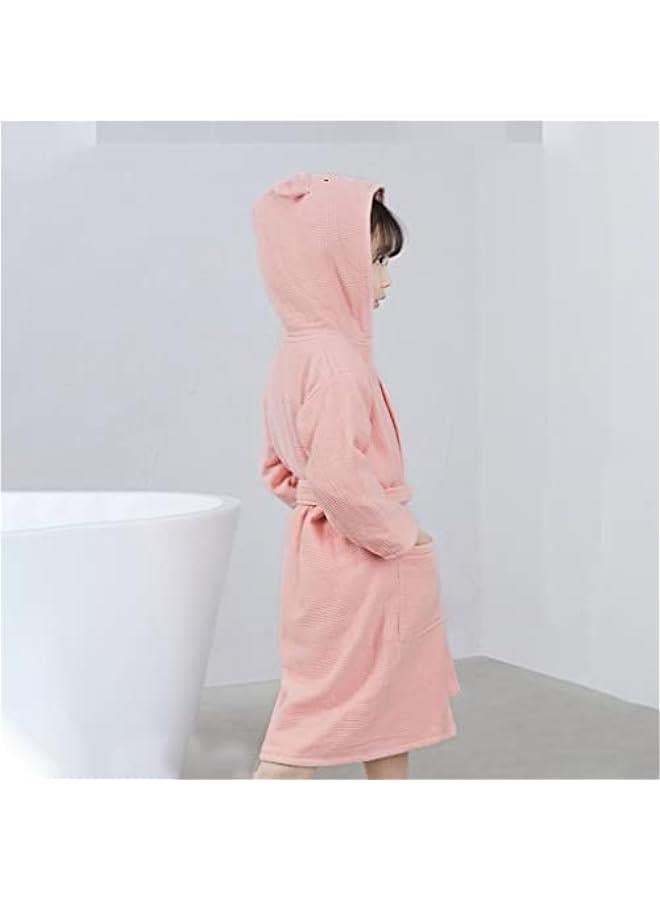 100% Cotton Cute Bear Hooded Kids Bathrobe Size L for 3-8 Years Old Boys Girls Waffle Outer Soft Fuzzy Lining Super Absorbent Toddler Bath Robe After Shower Spa Sleepwear with Belt - Image 3
