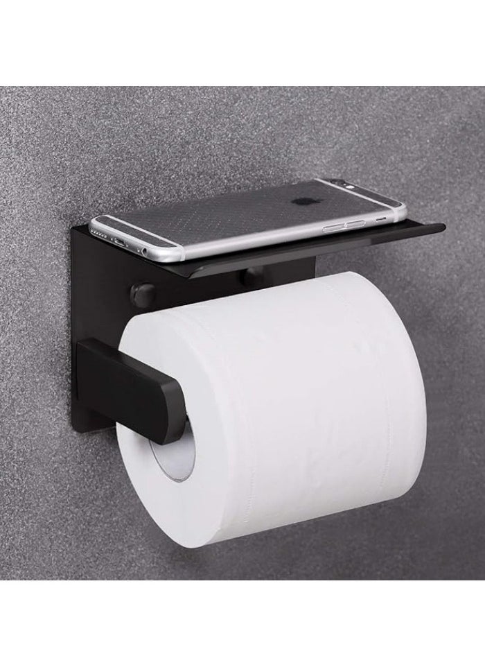 Generic - Self Adhesive Toilet Paper Holder with Phone Shelf Stainless Steel Wall Mounted Toilet Paper Roll Holder - Rustproof and Bathroom Washroom Tissue Roll Holder with Shelf - Black - Image 1