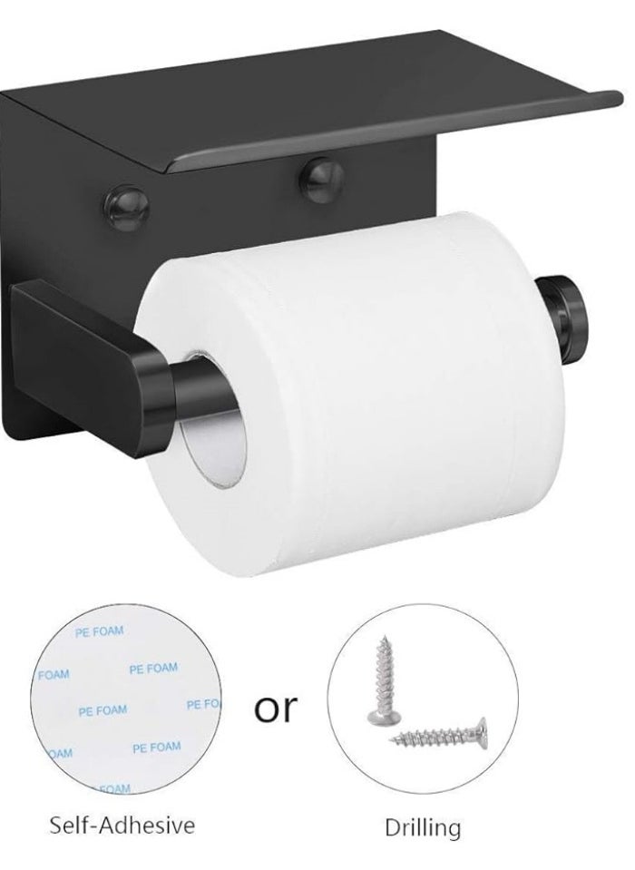 Generic - Self Adhesive Toilet Paper Holder with Phone Shelf Stainless Steel Wall Mounted Toilet Paper Roll Holder - Rustproof and Bathroom Washroom Tissue Roll Holder with Shelf - Black - Image 1