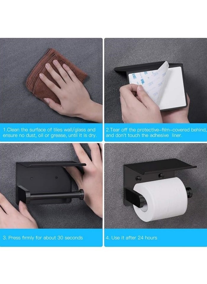 Generic - Self Adhesive Toilet Paper Holder with Phone Shelf Stainless Steel Wall Mounted Toilet Paper Roll Holder - Rustproof and Bathroom Washroom Tissue Roll Holder with Shelf - Black - Image 1