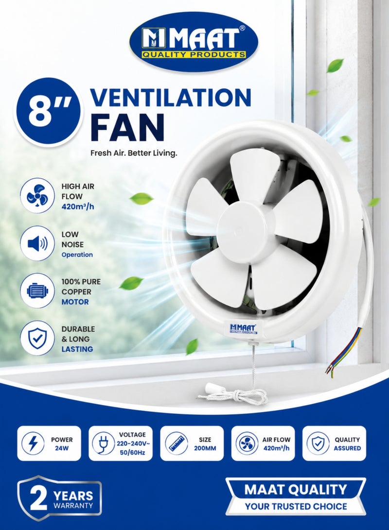 MAAT 8 Inch Ventilation Exhaust Fan, 200mm Wall Mounted Air Ventilator with 100% Pure Copper Motor, 420 m³/h High Air Flow, Low Noise, 24W, 220–240V, 50/60Hz, White - Image 1
