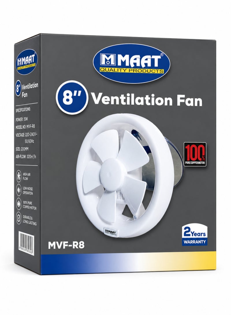 MAAT 8 Inch Ventilation Exhaust Fan, 200mm Wall Mounted Air Ventilator with 100% Pure Copper Motor, 420 m³/h High Air Flow, Low Noise, 24W, 220–240V, 50/60Hz, White - Image 2