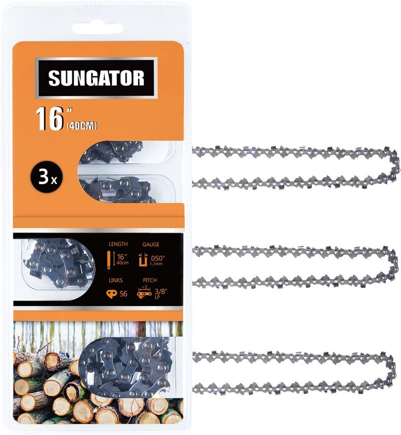 SUNGATOR 3-Pack 16 Inch Chainsaw Chain SG-S56, 3/8" LP Pitch - .050" Gauge - 56 Drive Links, Compatible with Echo, Homelite, Poulan, Remington, Greenworks - Image 1