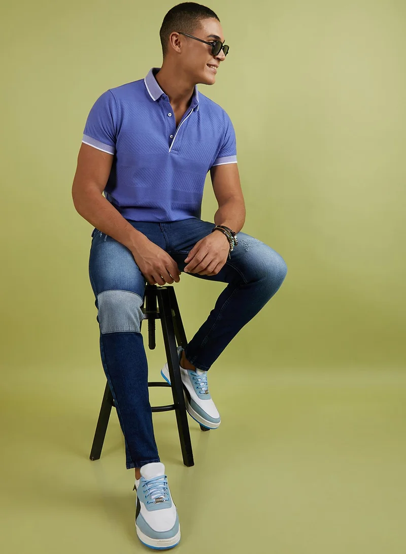 Campus Sutra Campus Sutra Men's Lilac Self-Design Horizontal Striped T-Shirt For Casual Wear | Spread Collar | Short Sleeve | Half-Button Closure | Polycotton T-Shirt Crafted With Comfort Fit For Everyday Wear