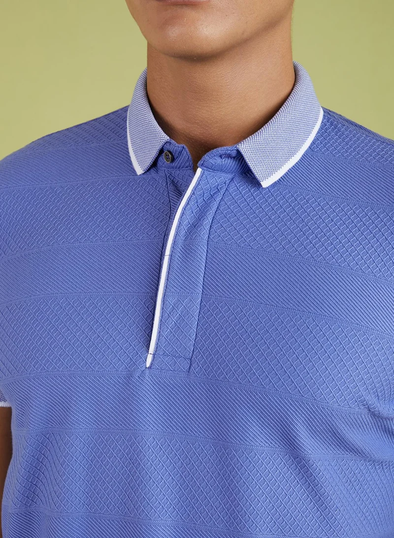 Campus Sutra Campus Sutra Men's Lilac Self-Design Horizontal Striped T-Shirt For Casual Wear | Spread Collar | Short Sleeve | Half-Button Closure | Polycotton T-Shirt Crafted With Comfort Fit For Everyday Wear