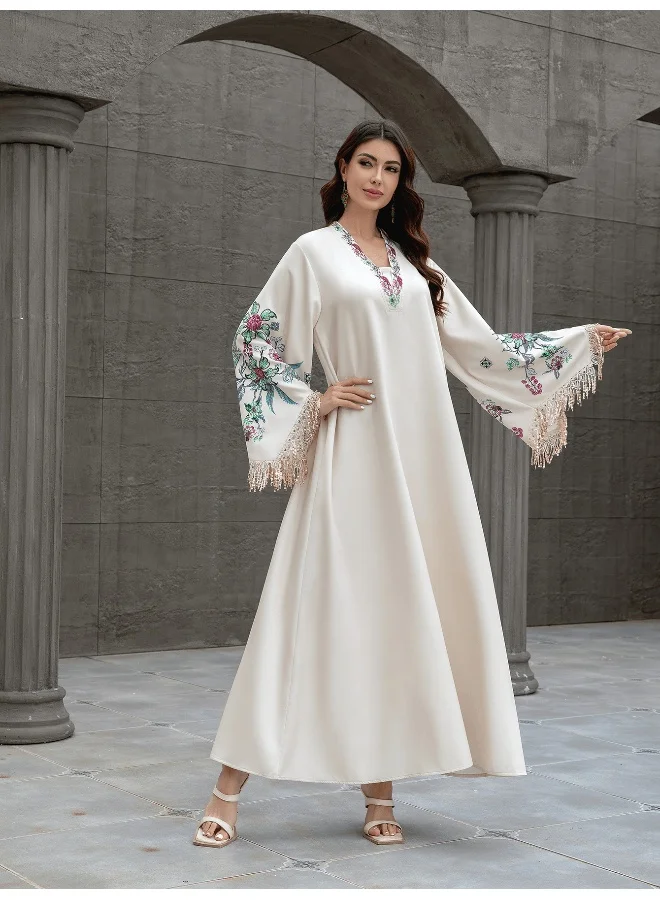 Madam Uniq Beige Floral - Embroidered Maxi Kaftan Dress with Fringed Sleeves