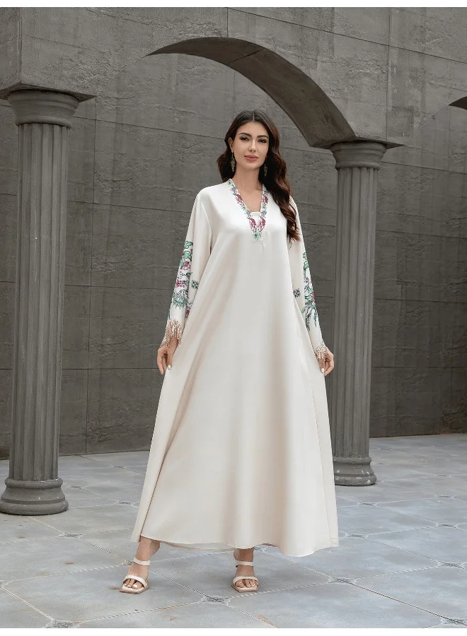 Madam Uniq Beige Floral - Embroidered Maxi Kaftan Dress with Fringed Sleeves